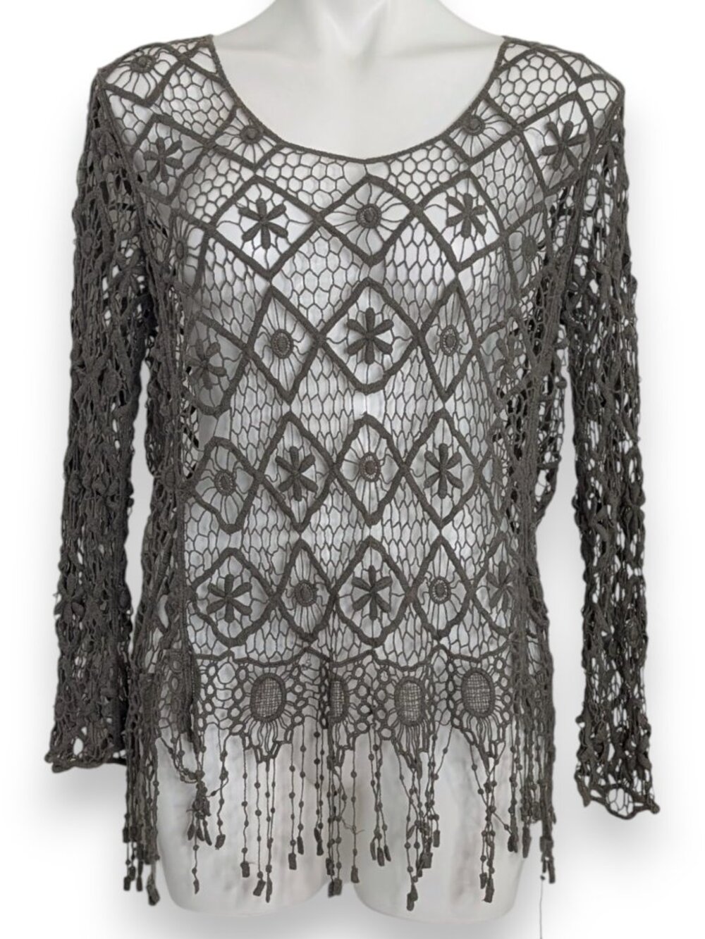 Retro Green Crochet Open Knit Floral Boho Fringe Hem Long Sleeve Sheer Top